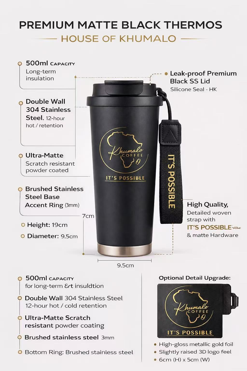 House of Khumalo Coffee premium matte black thermos with gold Africa logo